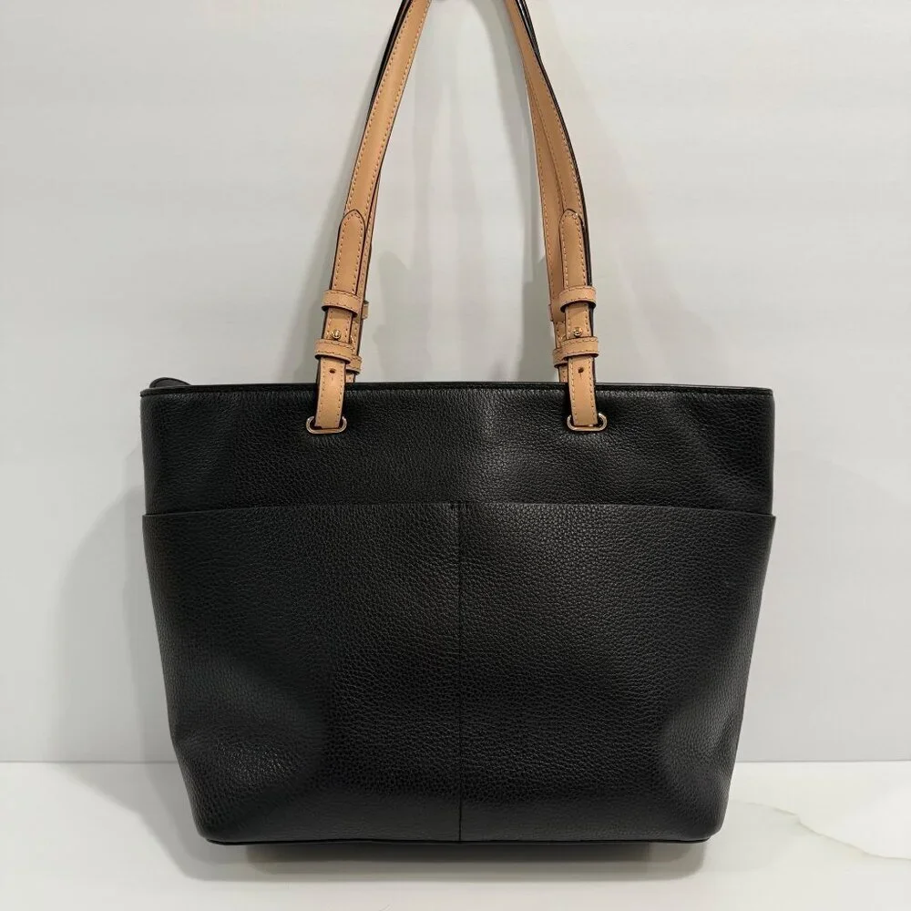 Michael Kors Bedford Pebbled Leather Pocket Tote Handbag Black Tan Straps Travel - Picture 9 of 12